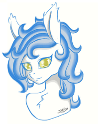 Size: 331x421 | Tagged: artist needed, safe, oc, oc only, oc:frostfall, earth pony, pony, blue hair, bust, female, golden eyes, looking at you, mare, portrait, signature, solo