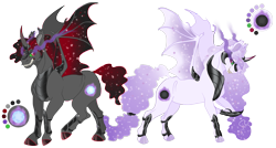 Size: 1665x892 | Tagged: safe, artist:bijutsuyoukai, oc, oc only, oc:moonlight, oc:smoke, alicorn, pony, bat wings, offspring, parent:king sombra, parent:princess luna, parents:lumbra, reference sheet