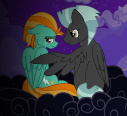 Size: 7628x6974 | Tagged: safe, artist:faitheverlasting, lightning dust, thunderlane, pony, absurd resolution, cloud, cloudy, comforting, female, male, night, sad, shipping, stormcloud, straight, thunderdust