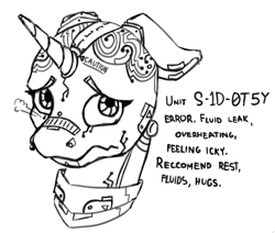 Size: 1033x877 | Tagged: safe, artist:geomancing, oc, oc only, oc:sidotsy, pony, robot, robot pony, bust, floppy ears, frown, monochrome, portrait, sick, solo