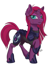 Size: 1243x1564 | Tagged: safe, artist:firimil, tempest shadow, pony, unicorn, my little pony: the movie, alternate design, alternate hairstyle, armor, background removed, broken horn, eye scar, fanfic, fanfic art, fanfic cover, female, frown, long mane, looking at you, mare, raised eyebrow, raised hoof, royal guard, scar, simple background, solo, tempest becomes a royal guard, transparent background