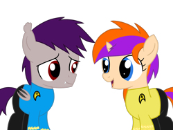 Size: 1600x1200 | Tagged: safe, artist:toyminator900, oc, oc only, oc:coldfire (bat pony), oc:quick note, bat pony, pony, unicorn, colt, female, filly, male, simple background, star trek, transparent background