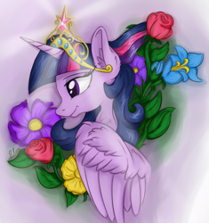 Size: 3680x3920 | Tagged: safe, artist:check3256, twilight sparkle, twilight sparkle (alicorn), alicorn, pony, big crown thingy, bust, element of magic, flower, jewelry, portrait, profile, regalia, smiling, solo