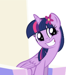 Size: 1976x2249 | Tagged: safe, artist:cyanlightning, derpibooru exclusive, twilight sparkle, twilight sparkle (alicorn), alicorn, pony, to where and back again, animated, blinking, cute, eye shimmer, flower, flower in hair, gif, grin, simple background, sitting, smiling, solo, squee, throne, transparent background, twiabetes