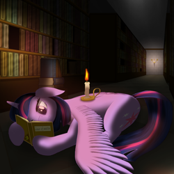 Size: 1000x1000 | Tagged: safe, artist:ilyasnow, twilight sparkle, twilight sparkle (alicorn), alicorn, pony, book, bookshelf, candle, female, floppy ears, hoof hold, indoors, library, mare, prone, reading, relaxing, smiling, solo, wings down