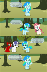 Size: 4551x7001 | Tagged: safe, artist:cyanlightning, oc, oc only, oc:aureai, oc:chip, oc:cyan lightning, oc:star scraper, pegasus, pony, unicorn, comic:cyan's adventure, absurd resolution, colt, comic, eyes closed, female, filly, magic, male, night, one eye closed, open mouth, sweat