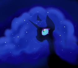 Size: 1361x1196 | Tagged: safe, artist:paskanaakka, derpibooru exclusive, nightmare moon, alicorn, pony, bust, ear fluff, ethereal mane, night, portrait, solo, stars