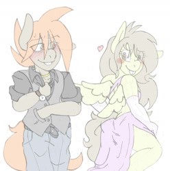 Size: 1785x1800 | Tagged: safe, artist:blackbewhite2k7, button mash, featherweight, anthro, ass, blushing, clothes, crossdressing, date, dress, feathermash, femboy, gay, heart, male, older, shipping, sketch, suit, trap