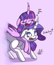 Size: 2285x2734 | Tagged: safe, artist:ogaraorcynder, rarity, twilight sparkle, twilight sparkle (alicorn), alicorn, pony, unicorn, curved horn, darling, female, floppy ears, lesbian, mare, ponies riding ponies, rarilight, shipping, sleeping, zzz