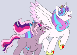 Size: 2814x2000 | Tagged: safe, artist:jolliapplegirl, princess flurry heart, oc, oc:sirius veil, alicorn, unicorn, cousins, gray background, magical lesbian spawn, next generation, offspring, older, older flurry heart, parent:princess celestia, parent:twilight sparkle, parents:twilestia, simple background, story included