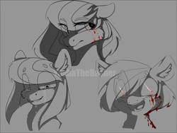 Size: 1600x1200 | Tagged: safe, artist:yashathebasher, oc, oc only, oc:olivia, oc:veliar violence, oc:yashathebasher, pony, blood, crying, monochrome, sad