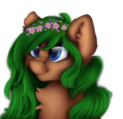 Size: 1600x1545 | Tagged: safe, artist:czywko, oc, oc only, blue eyes, bust, female, floral head wreath, flower, green hair, mare, portrait, smiling, solo, speedpaint, ych result