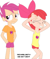 Size: 3500x4107 | Tagged: safe, artist:michaelsety, apple bloom, scootaloo, human, marks and recreation, apple bloom's bow, bow, hair bow, humanized, simple background, transparent background