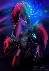 Size: 1024x1489 | Tagged: safe, artist:mad--munchkin, tempest shadow, pony, unicorn, my little pony: the movie, broken horn, eye scar, lightning, magic, raised hoof, scar, smiling, solo, sparking horn, watermark