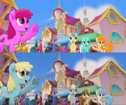 Size: 1920x1600 | Tagged: safe, screencap, apple cobbler, apple fritter, berry punch, berryshine, bunny moon, goldengrape, lyra heartstrings, nougat praliné, sir colton vines iii, symphonia melody, earth pony, pony, unicorn, my little pony: the movie, apple family member, background pony, canterlot, caramel apple, comparison, female, heart, heart hoof, male, mare, official, recolor, stallion, trailer, underhoof, unnamed pony, wat