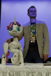 Size: 912x1368 | Tagged: safe, sweetie belle, sweetie bot, human, pony, robot, robot pony, sweetie bot project, 2017, defictionalization, derpfest, irl, irl human, photo, proto3