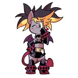 Size: 576x576 | Tagged: safe, artist:pembroke, oc, oc only, oc:aero, bipedal, bracelet, disgaea, etna, heart, jewelry, offspring, one eye closed, parent:derpy hooves, parent:oc:warden, parents:canon x oc, parents:warderp, simple background, solo, spiked wristband, studded bracelet, transparent background, wink, wristband