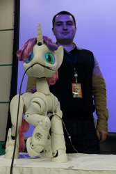 Size: 912x1368 | Tagged: safe, sweetie belle, sweetie bot, human, pony, robot, robot pony, sweetie bot project, defictionalization, derpfest, irl, irl human, photo, proto3