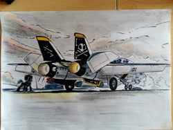 Size: 3265x2449 | Tagged: safe, artist:ruhisu, aircraft carrier, f-14 tomcat, navy, obligatory pony, robotech, traditional art