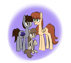 Size: 2800x2500 | Tagged: safe, artist:provolonepone, oc, oc only, oc:autumn, oc:hazel, oc:moon sketch, bat pony, pegasus, pony, autumn moon, brown eyes, family, female, filly, foal, green eyes, shipping, size difference