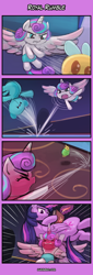 Size: 400x1180 | Tagged: safe, artist:lumineko, princess flurry heart, twilight sparkle, twilight sparkle (alicorn), whammy, alicorn, pony, a flurry of emotions, 4koma, comic, duo, fury heart, journal, lifting, tantrum, teddy bear, this will end in pain, throwing, writing