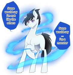 Size: 2981x3073 | Tagged: safe, artist:mylittlesheepy, oc, oc only, oc:tobias, earth pony, pony, aura, blank flank, caption, heterochromia, male, solo