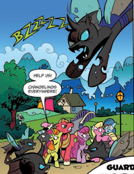 Size: 992x1291 | Tagged: safe, idw, berry punch, berryshine, big macintosh, bon bon, lily, lily valley, observer (character), sweetcream scoops, sweetie drops, thunderlane, changeling, earth pony, pony, unicorn, spoiler:comic, spoiler:guardians of harmony, cropped, female, guardians of harmony, male, mare, official comic, speech bubble, stallion