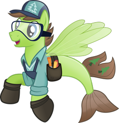 Size: 1051x1086 | Tagged: safe, artist:pacificgreen, part of a set, douglas spruce, evergreen, seapony (g4), .svg available, cap, goggles, hat, hoof shoes, seaponified, simple background, solo, species swap, svg, toolbelt, transparent background, vector