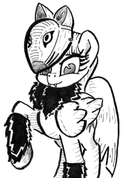 Size: 605x876 | Tagged: safe, artist:shoeunit, twilight sparkle, twilight sparkle (alicorn), alicorn, pony, wolf, black and white, clothes, costume, female, grayscale, ink, mare, mask, monochrome, raised hoof, solo, traditional art