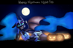 Size: 2767x1833 | Tagged: safe, artist:sunrisepld, nightmare moon, alicorn, anthro, bat wings, fangs, grin, halloween, jack-o-lantern, moon, night, nightmare night, on side, open mouth, pumpkin, smiling, solo