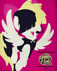 Size: 1500x1875 | Tagged: safe, songbird serenade, pegasus, pony, my little pony: the movie, bow, female, flying, hair bow, headworn microphone, hooves, lineless, mare, minimalist, modern art, movie poster, my little pony logo, official, open mouth, poster, red background, sia (singer), simple background, solo, spread wings, wings