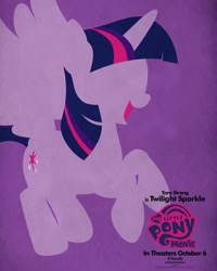 Size: 1500x1875 | Tagged: safe, twilight sparkle, twilight sparkle (alicorn), alicorn, pony, my little pony: the movie, female, hooves, horn, lineless, mare, minimalist, modern art, movie poster, my little pony logo, official, open mouth, poster, purple background, simple background, solo, spread wings, tara strong, wings