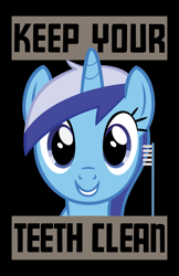 Size: 1089x1683 | Tagged: safe, artist:thewastelandtrader, minuette, pony, unicorn, fallout equestria, blue eyes, brushie, looking at you, poster, solo, text, toothbrush, vector