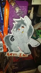 Size: 540x960 | Tagged: safe, artist:annuthecatgirl, oc, oc only, oc:anti-lag, badge, raised hoof, solo, traditional art, unshorn fetlocks