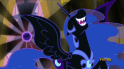 Size: 430x241 | Tagged: safe, screencap, nightmare moon, tantabus, alicorn, pony, do princesses dream of magic sheep, animated, discovery family logo, evil laugh, gif, laughing, nose in the air, solo, volumetric mouth