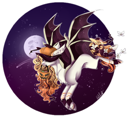 Size: 1348x1225 | Tagged: safe, artist:holoriot, oc, oc only, bat pony, female, flower, flying, halloween, hat, holiday, mare, moon, night, solo