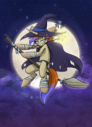 Size: 2341x3241 | Tagged: safe, artist:kez, oc, oc only, oc:kye, pony, unicorn, broom, cape, clothes, costume, flying, flying broomstick, hat, lidded eyes, moon, mouth hold, night, solo, wand, witch, witch hat