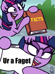 Size: 760x1015 | Tagged: safe, artist:quarium edits, edit, twilight sparkle, twilight sparkle (alicorn), alicorn, 2 panel comic, book, comic, ed edd n eddy, exploitable meme, faget, faggot, meme, reaction image, slur, twilight's fact book, ur a faget, vulgar