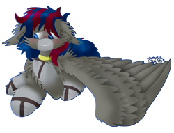 Size: 2000x1524 | Tagged: safe, artist:vanillaswirl6, oc, oc only, oc:raven skies, pegasus, pony, blushing, cheek fluff, chest fluff, collar, colored hooves, colored pupils, commission, fluffy, looking down, lying down, male, nervous, outline, prone, raised hoof, signature, simple background, solo, spread wings, stallion, transparent background, wing fluff, wings