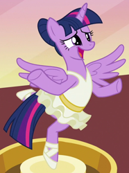 Size: 520x700 | Tagged: safe, screencap, twilight sparkle, twilight sparkle (alicorn), alicorn, a royal problem, ballerina, clothes, cute, dress, leotard, music box, sheepish, solo, spread wings, tutu, twiabetes, twilarina, wings