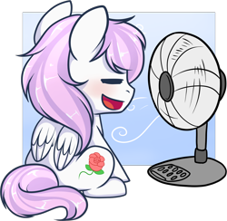 Size: 1444x1410 | Tagged: safe, artist:xwhitedreamsx, oc, oc only, oc:rose bud, pegasus, pony, blushing, chibi, eyes closed, fan, male, simple background, sitting, solo, stallion, transparent background, ych result