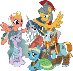 Size: 8192x7981 | Tagged: safe, artist:amarthgul, flash magnus, meadowbrook, mistmane, rockhoof, somnambula, star swirl the bearded, earth pony, pegasus, pony, unicorn, legends of magic, shadow play, absurd resolution, curved horn, female, male, mane six opening poses, mare, pillars of equestria, prone, simple background, spade, stallion, transparent background, vector