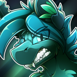 Size: 500x500 | Tagged: source needed, safe, artist:ralek, oc, oc only, oc:poison trail, original species, abstract background, avatar, fangs, growling, icon, leaves, looking at you, sharp teeth, teeth, timber werepony, timber wolfified