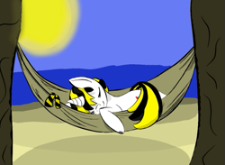 Size: 567x416 | Tagged: safe, artist:troggggggggggggggggy, oc, oc only, oc:trogler kroglethorn, pony, unicorn, beach, clothes, cute, hammock, scarf, shading, sky, sleeping, sun, tree