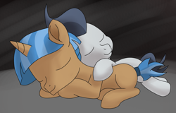 Size: 1363x873 | Tagged: safe, artist:foal, mocha berry, rumble, pegasus, pony, unicorn, colt, cuddling, eyes closed, male, prone, sleeping, smiling