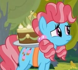 Size: 413x369 | Tagged: safe, screencap, cup cake, earth pony, pony, the perfect pear, cake, chiffon swirl, cropped, female, food, mare, pear cake, solo, younger