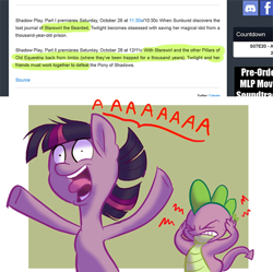 Size: 700x696 | Tagged: safe, artist:nukilik, spike, twilight sparkle, dragon, shadow play, covering ears, dialogue, fangirl, fangirling, it's happening, open mouth, screaming, squee, tongue out