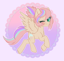 Size: 3317x3160 | Tagged: safe, artist:hawthornss, oc, oc only, oc:sweet skies, pegasus, pony, blushing, cute, looking at you, one eye closed, ponytail, underhoof, wink