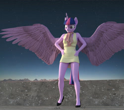 Size: 2000x1778 | Tagged: safe, artist:jawolfadultishart, twilight sparkle, twilight sparkle (alicorn), alicorn, anthro, plantigrade anthro, 3d, clothes, cute, dancing queen, daz studio, dress, female, grin, high heels, legs, panties, purple underwear, scarf, shoes, skirt, smiling, solo, stars, tap dancing, underwear, upskirt