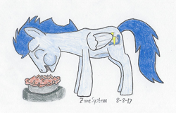 Size: 1199x767 | Tagged: safe, artist:zonesystem, soarin', pegasus, pony, atg 2017, food, male, newbie artist training grounds, pie, signature, solo, stallion, that pony sure does love pies, traditional art